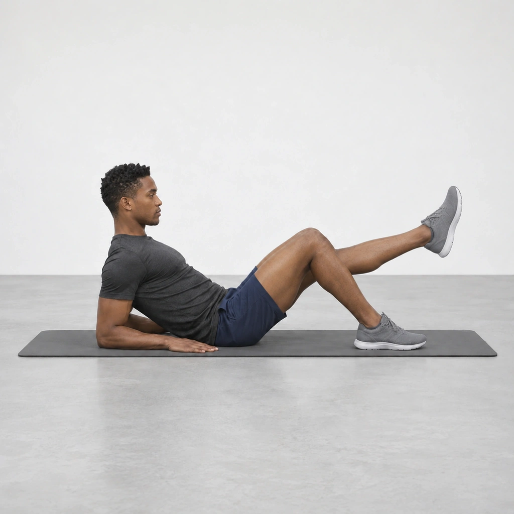 Seated man leaning on his forearms with his left leg straight and raised beyond his bent right knee.