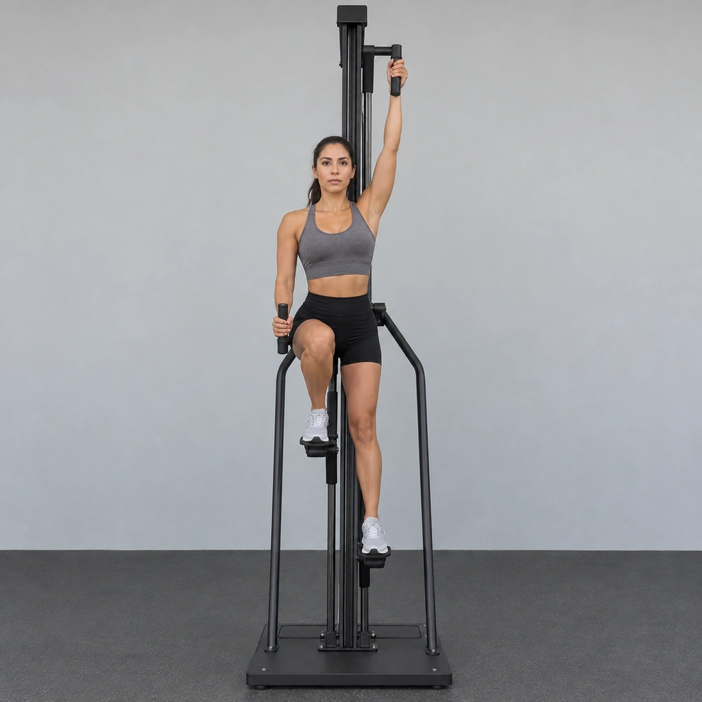 A woman standing on a VersaClimber machine, gripping its moving hand grips, her right arm and leg drawn together as her left arm and leg stretch apart.