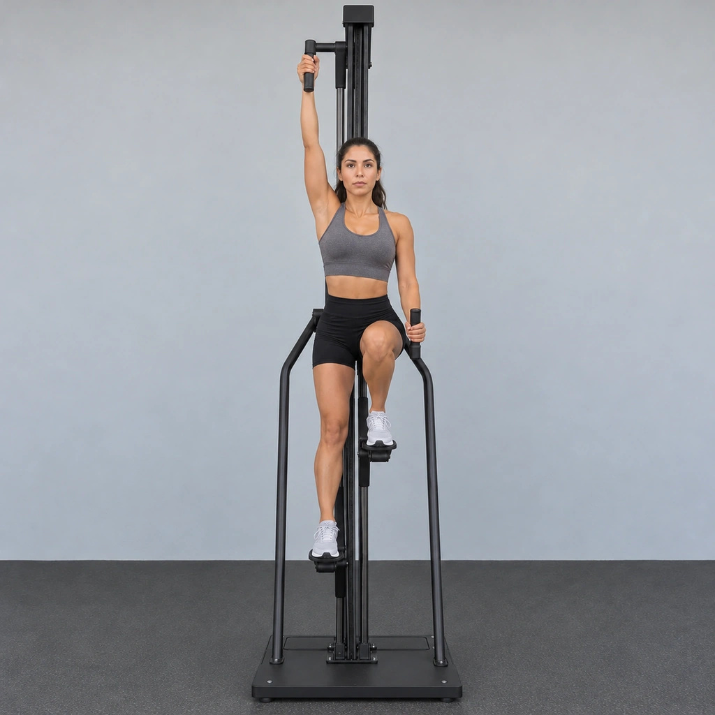 The same woman on the VersaClimber, now with her left arm and leg drawn together as her right arm and leg stretch apart.