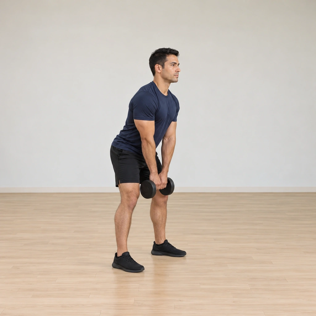 He stands tall holding one dumbbell with both hands hanging at arm's length between his legs, back straight, head up.
