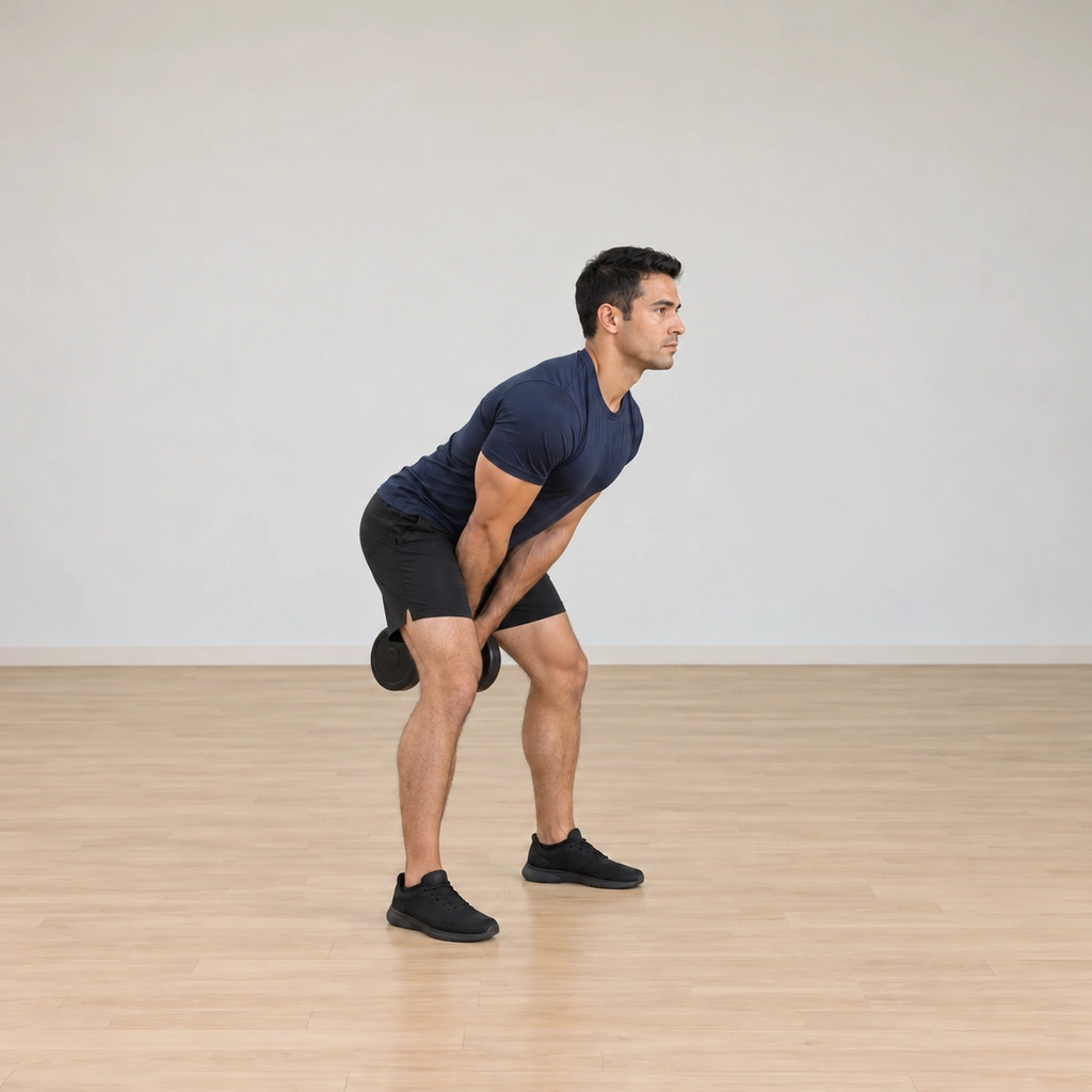 He has hinged at the hips with knees slightly bent, swinging the dumbbell back between his legs behind him.
