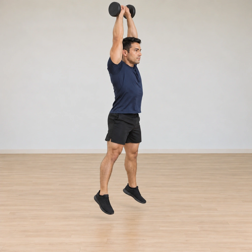 He is airborne, body fully extended reaching upward, the dumbbell swung all the way overhead above his outstretched hands.