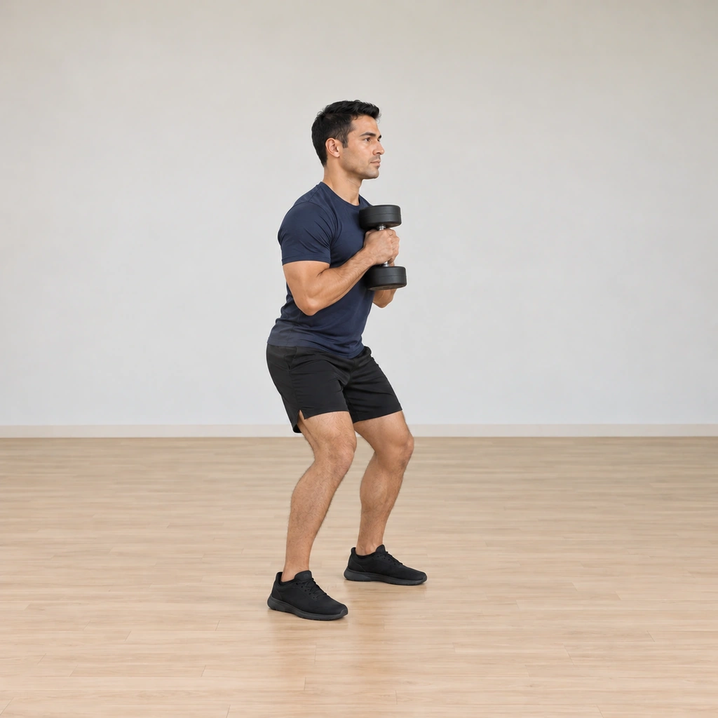He is landing on both feet with knees and hips flexing to absorb, the dumbbell drawn in against his torso.