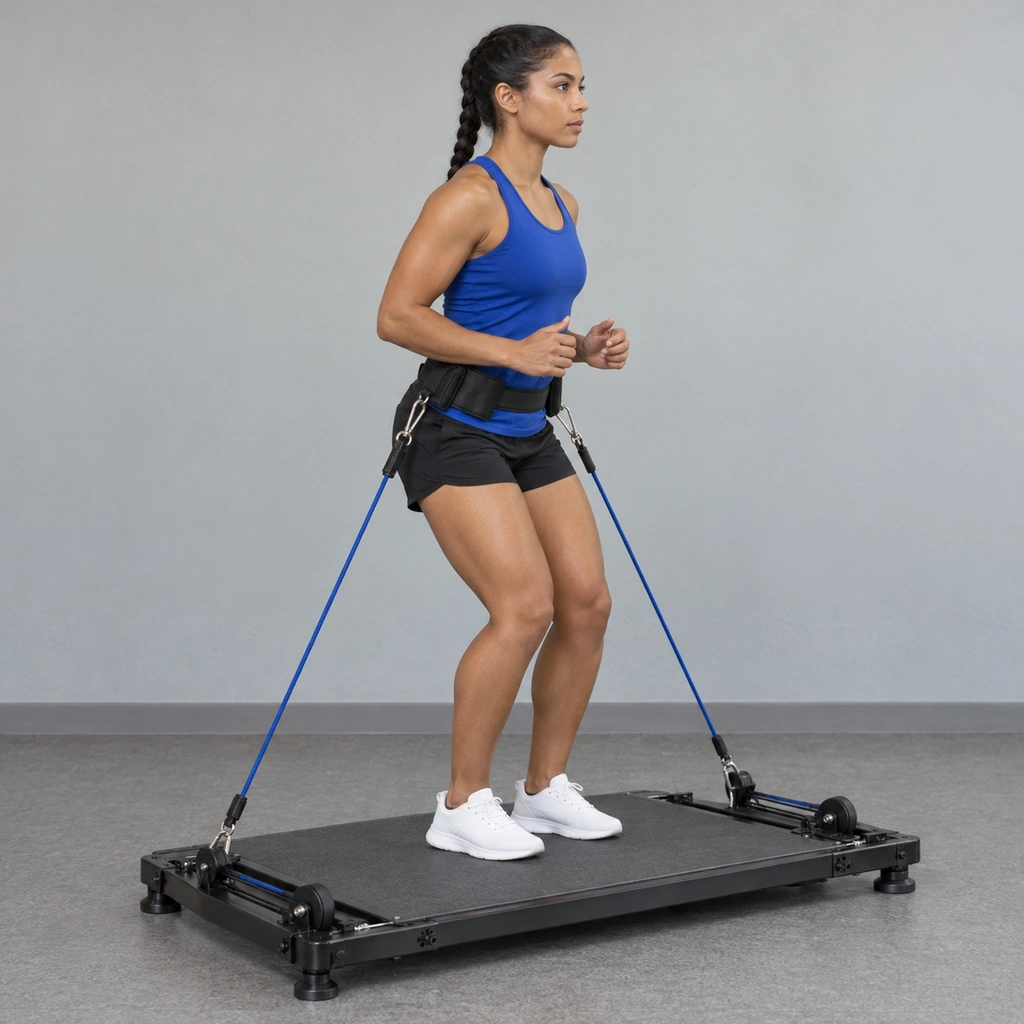 A woman standing on a jump-training platform, feet together at shoulder-width, wearing a waist harness clipped to two tensioned resistance cords.