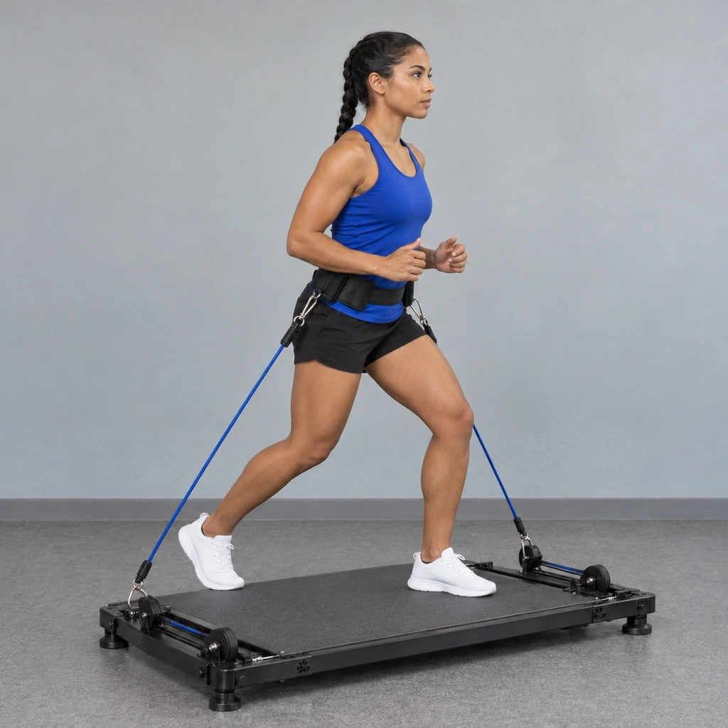 The same woman, now landed on the platform in a front-back split stance, left leg forward, right leg back, the harness cords stretched taut.