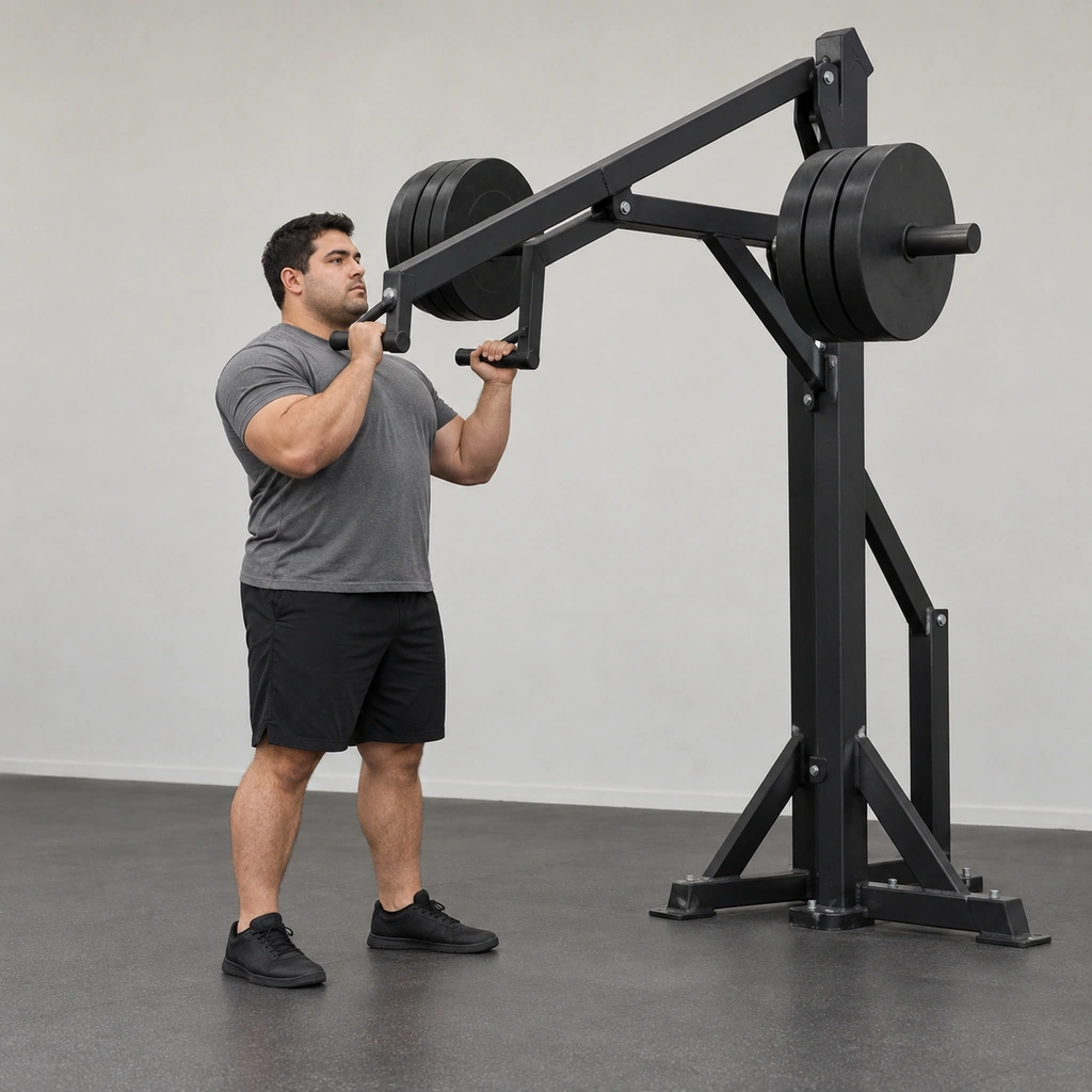 A man standing at a lever-arm press apparatus gripping both neutral handles at shoulder height, feet shoulder-width apart, torso braced and tall.