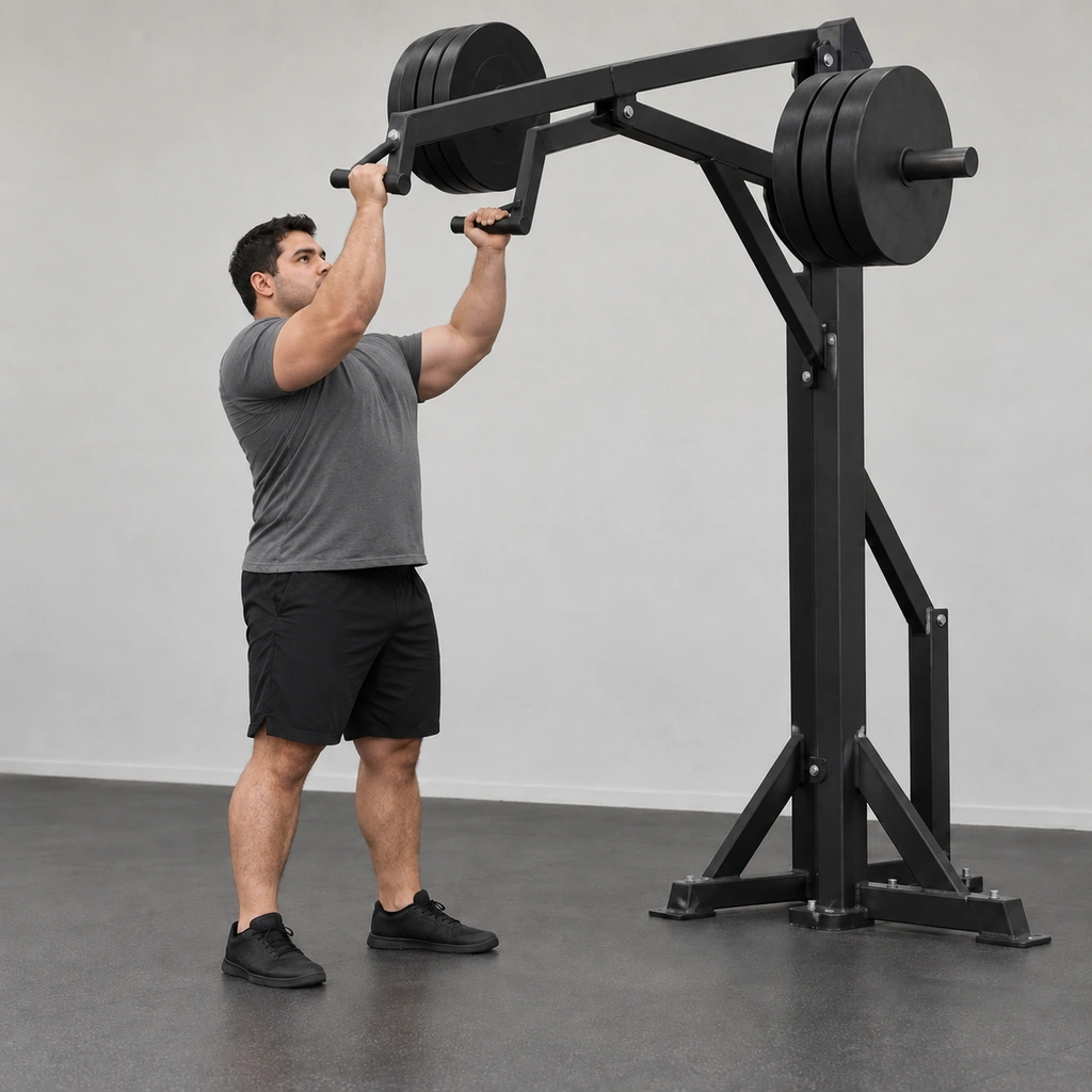 A man mid-press at a lever-arm apparatus, knees finishing a small dip, arms extending as the handles travel upward and away along the fixed arc.