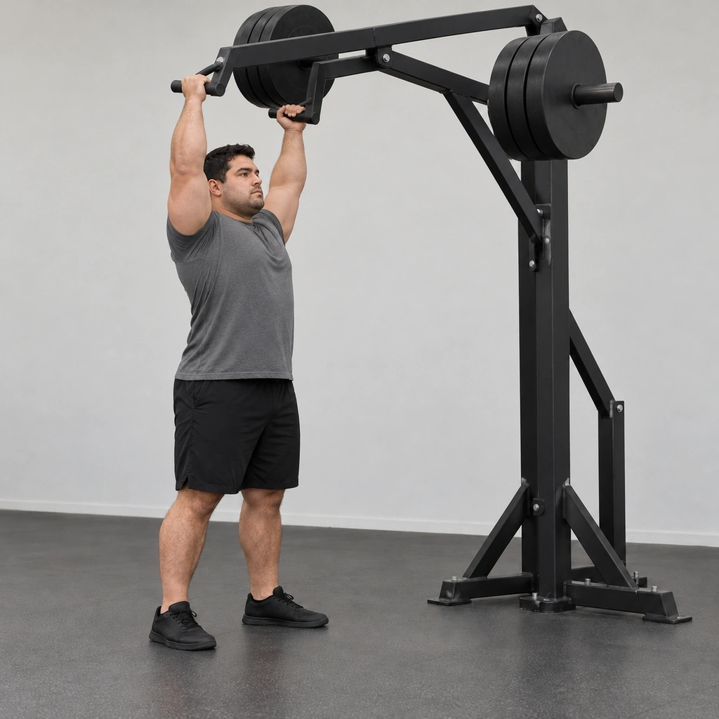 A man standing tall under a raised pressing arm, both arms locked out overhead gripping the handles at the top of the lever arc.