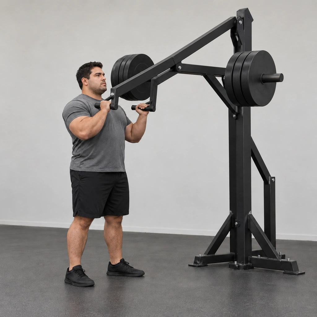 A man lowering the pressing arm under control, arms bending as the handles travel back down the lever arc toward shoulder height.