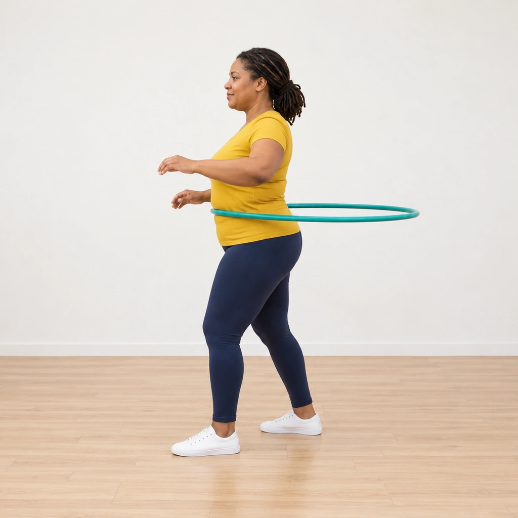 Woman in a split stance pressing her trunk forward as a large hula hoop touches the front of her waist.