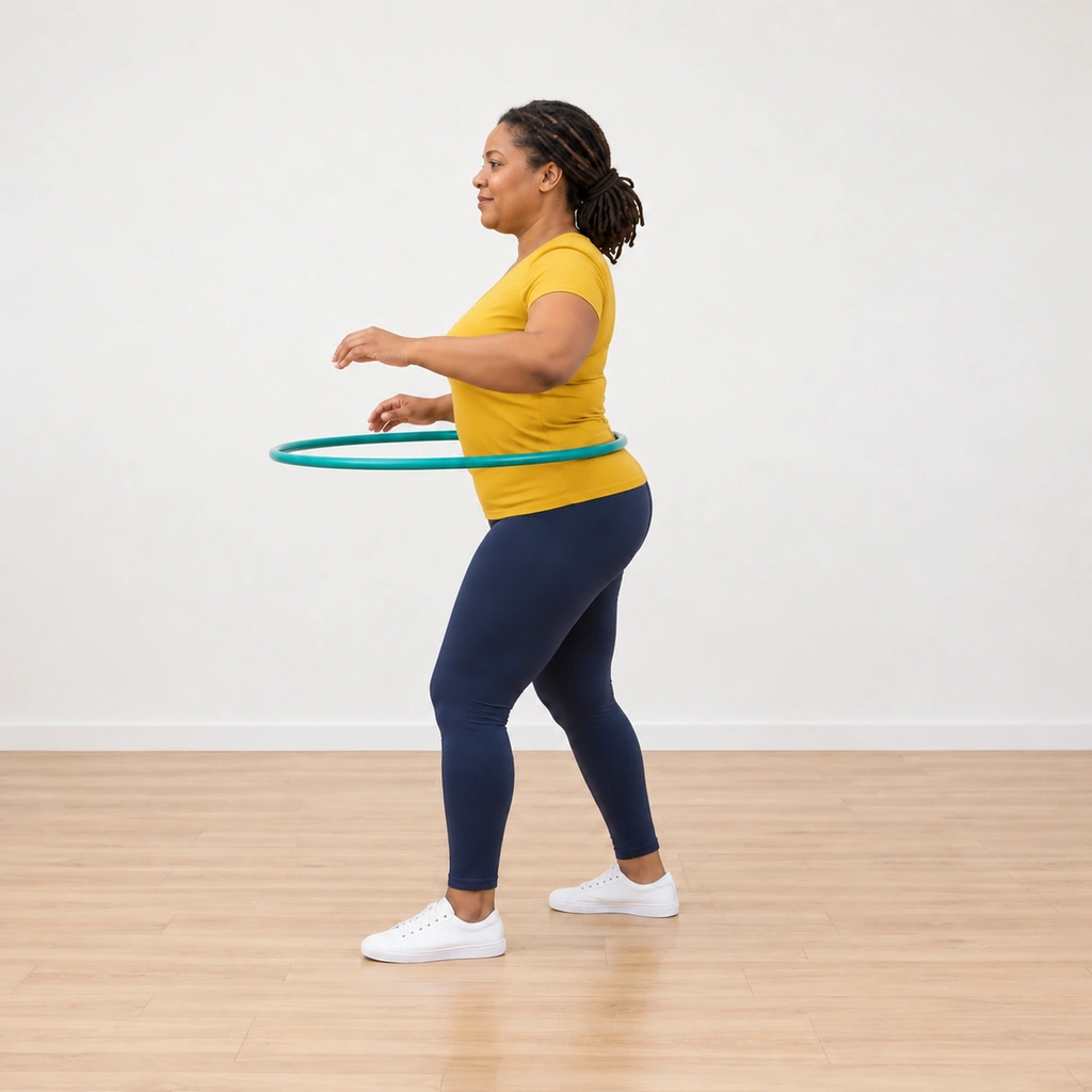 Woman in a split stance pressing her trunk back as a large hula hoop touches the small of her back.