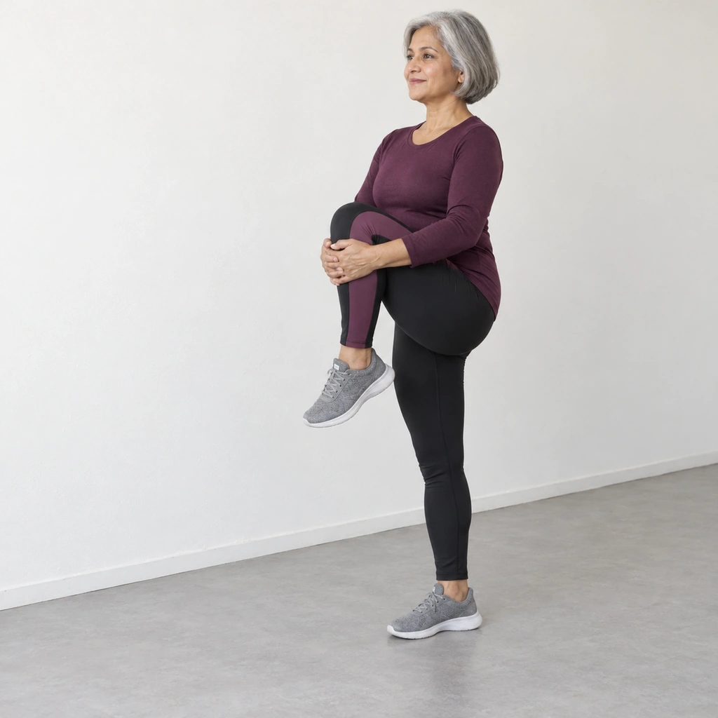 Older woman standing tall on her left foot, hugging her right knee to her chest with both hands around her shin. A fixed off-white side wall is nearby but not touched.