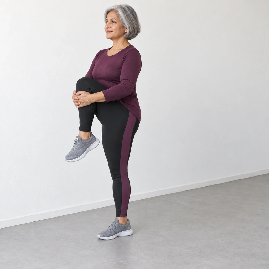 Older woman standing tall on her right foot, hugging her left knee to her chest with both hands around her shin. A fixed off-white side wall is nearby but not touched.