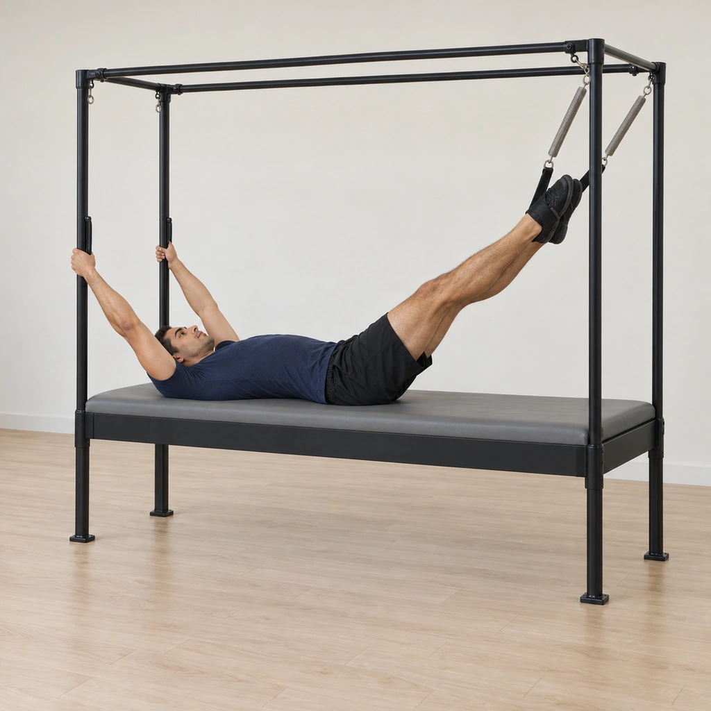 He lies supine on the table with both feet in the sprung straps, his legs frogged out to the high diagonal with the heels hugging together, his arms reaching into the vertical poles.