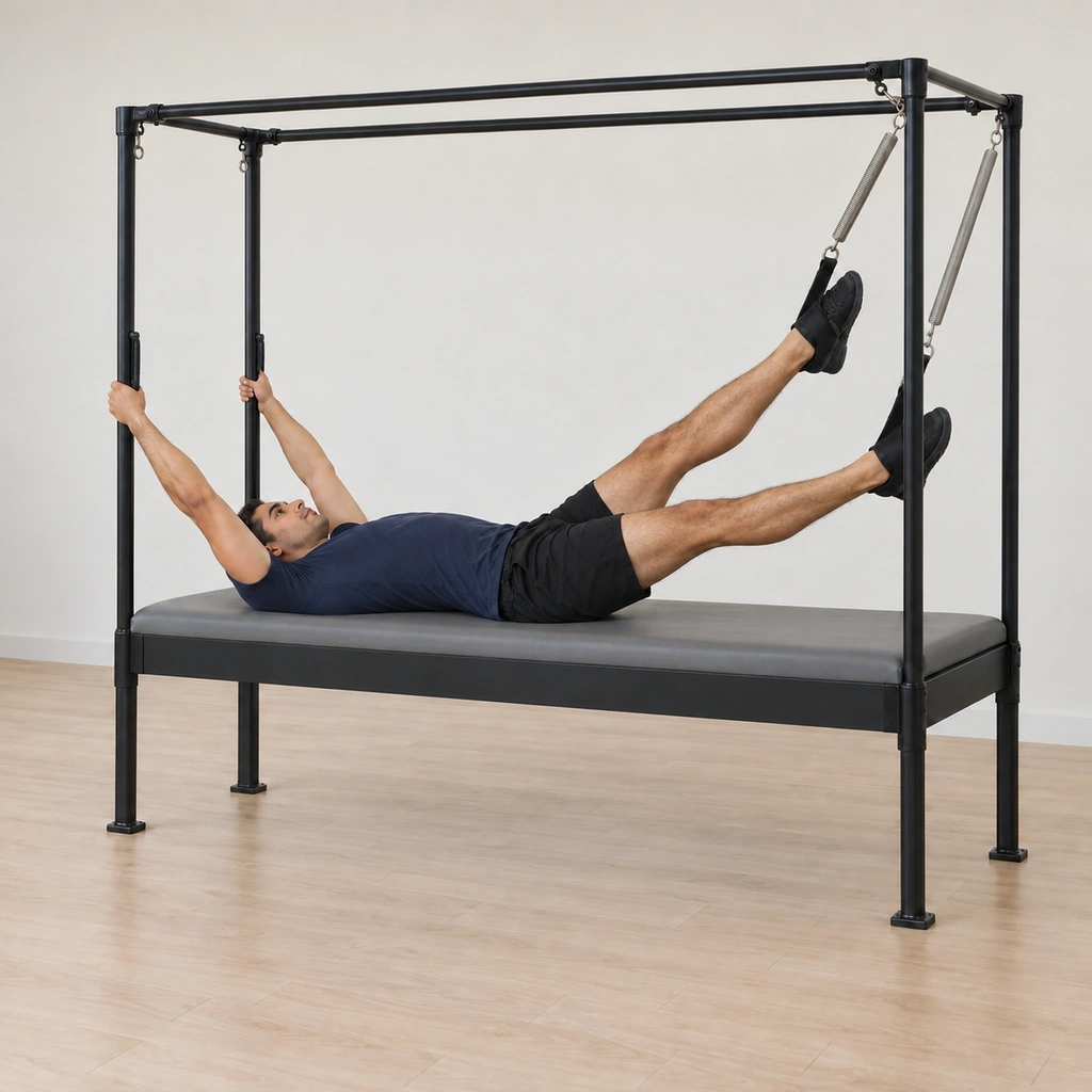 His left leg lowers a step while his right leg holds its position, the alternation continuing down the steps.