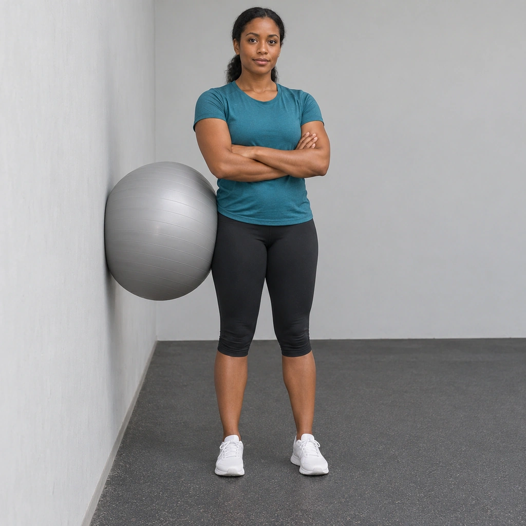 A woman standing side-on to a wall with her arms folded, the side of her hip resting lightly against a stability ball pinned to the wall, both feet on the floor.