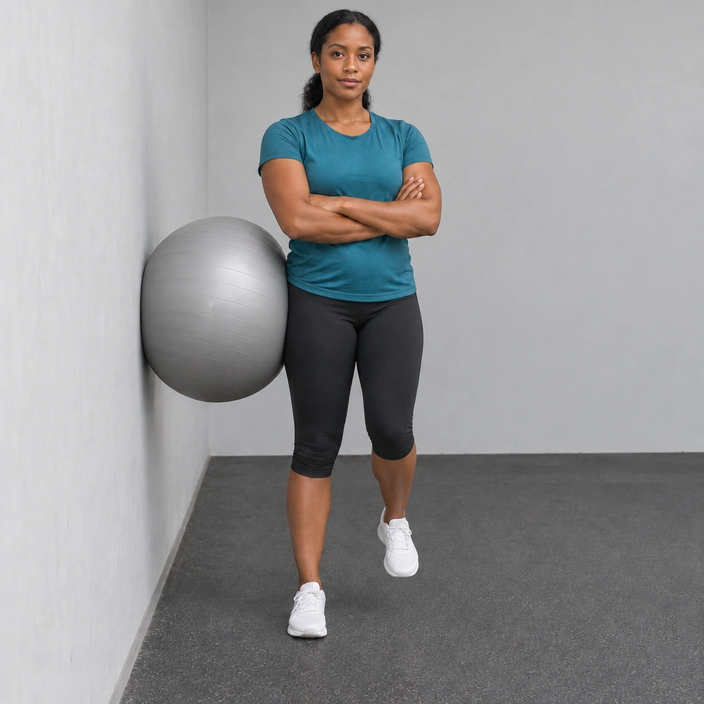 The same woman with her left foot lifted just off the floor, the side of her right hip pressed into the stability ball so the ball is slightly flattened against the wall.