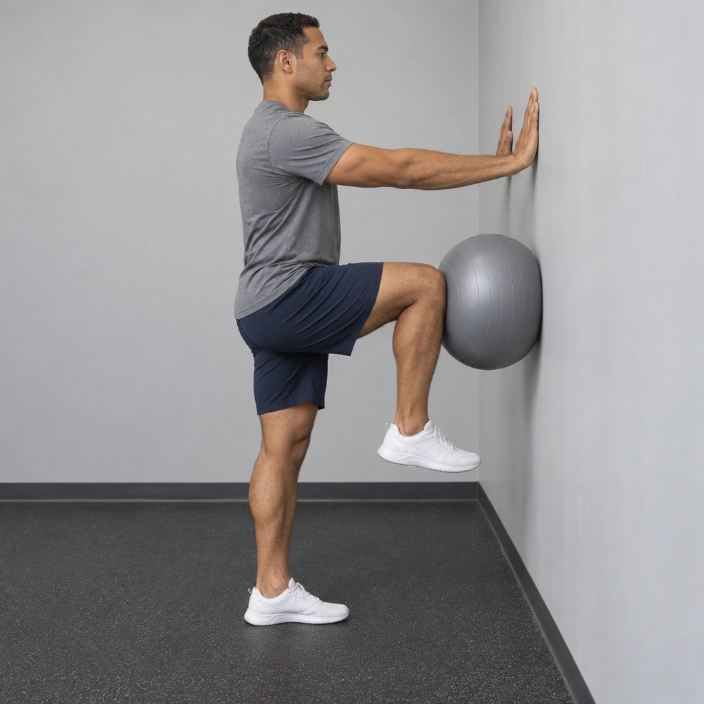 A man standing on one leg with both hands on a wall, his other knee raised and touching a stability ball fixed to the wall.