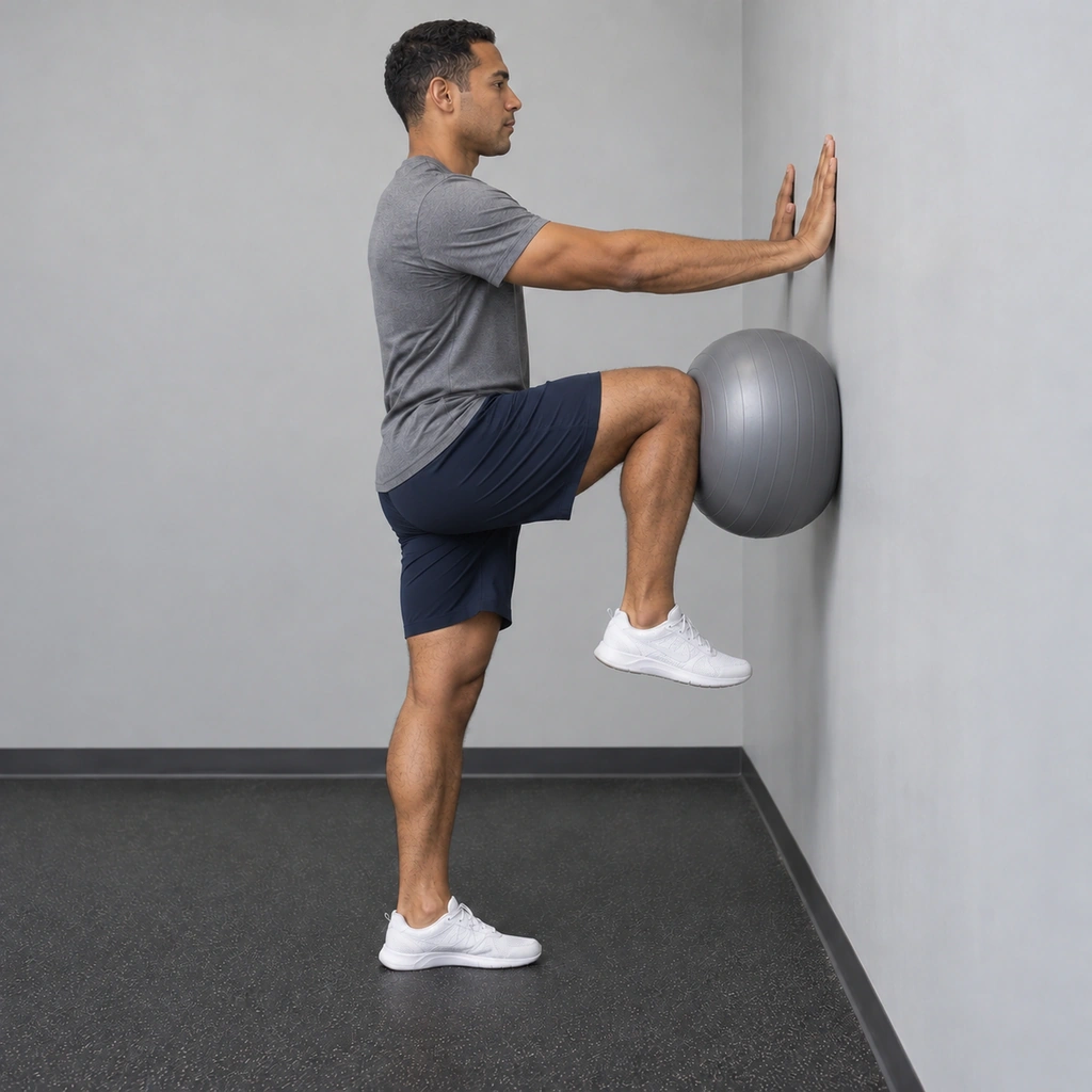 The same man, now with his raised knee pressed firmly into the stability ball, his hip lifted higher, holding the contraction.
