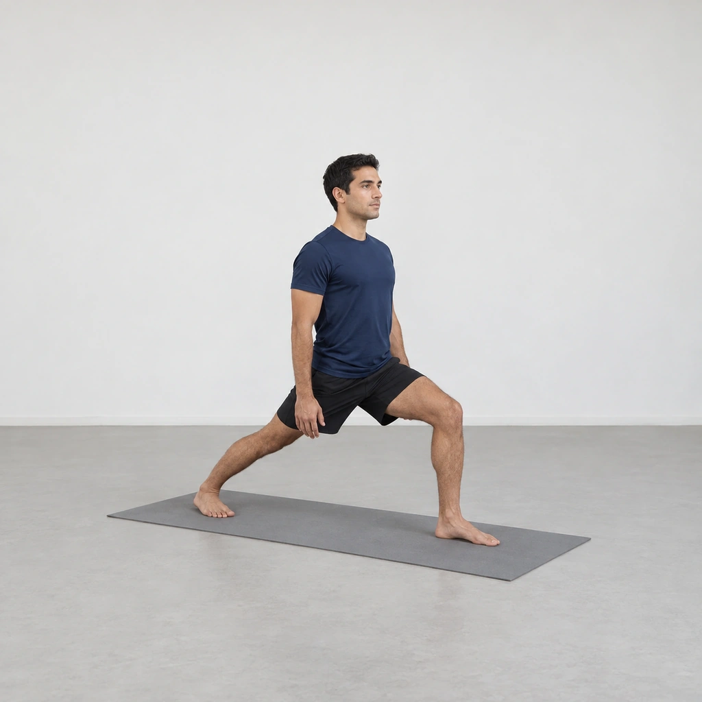 He steps into a high lunge on the mat, his front knee bent over the ankle and his back leg long.