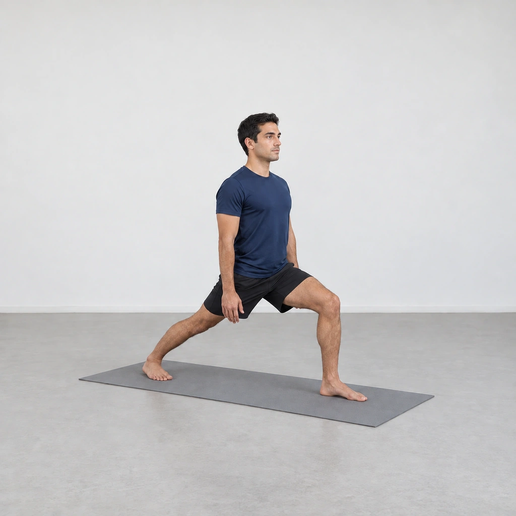 He grounds through both feet, the back foot angled in, pressing both soles into the mat.
