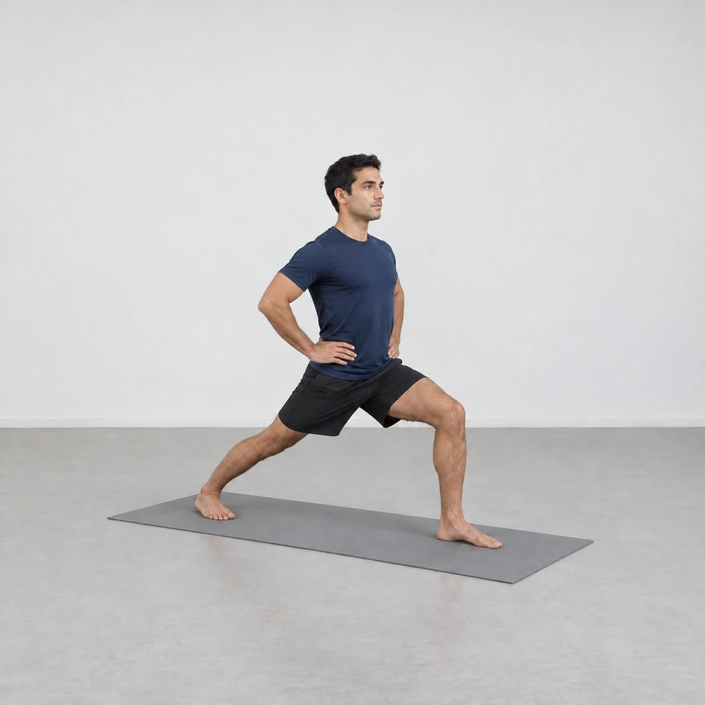 His hands are on his hips as he squares hips and shoulders to the front wall.