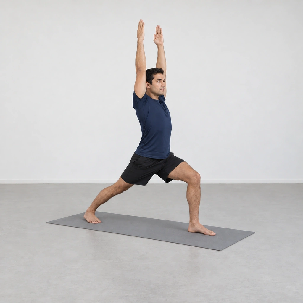 He holds warrior I, arms extended overhead with palms facing, hips and shoulders still squared forward.