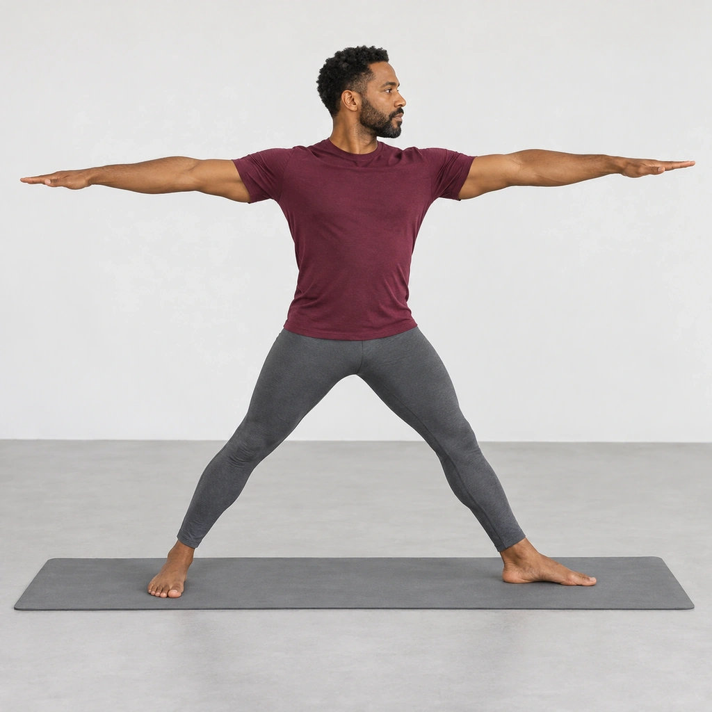 Man on a yoga mat in a wide stance with the right foot turned out, both legs straight, arms stretched out at shoulder height, looking over his right hand.