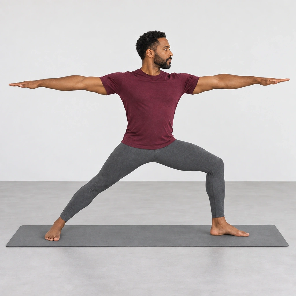 Man in warrior II pose on a yoga mat, right knee bent over his right ankle, left leg straight, arms out at shoulder height, looking over his right hand.