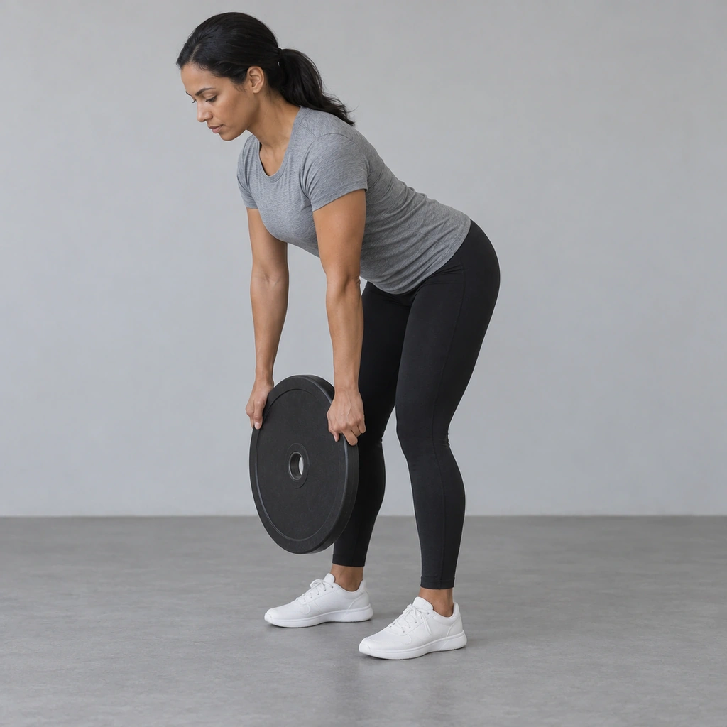 A woman hinged forward at the hips with a flat back, holding a round weight plate by its rim in both hands hanging below her shoulders.