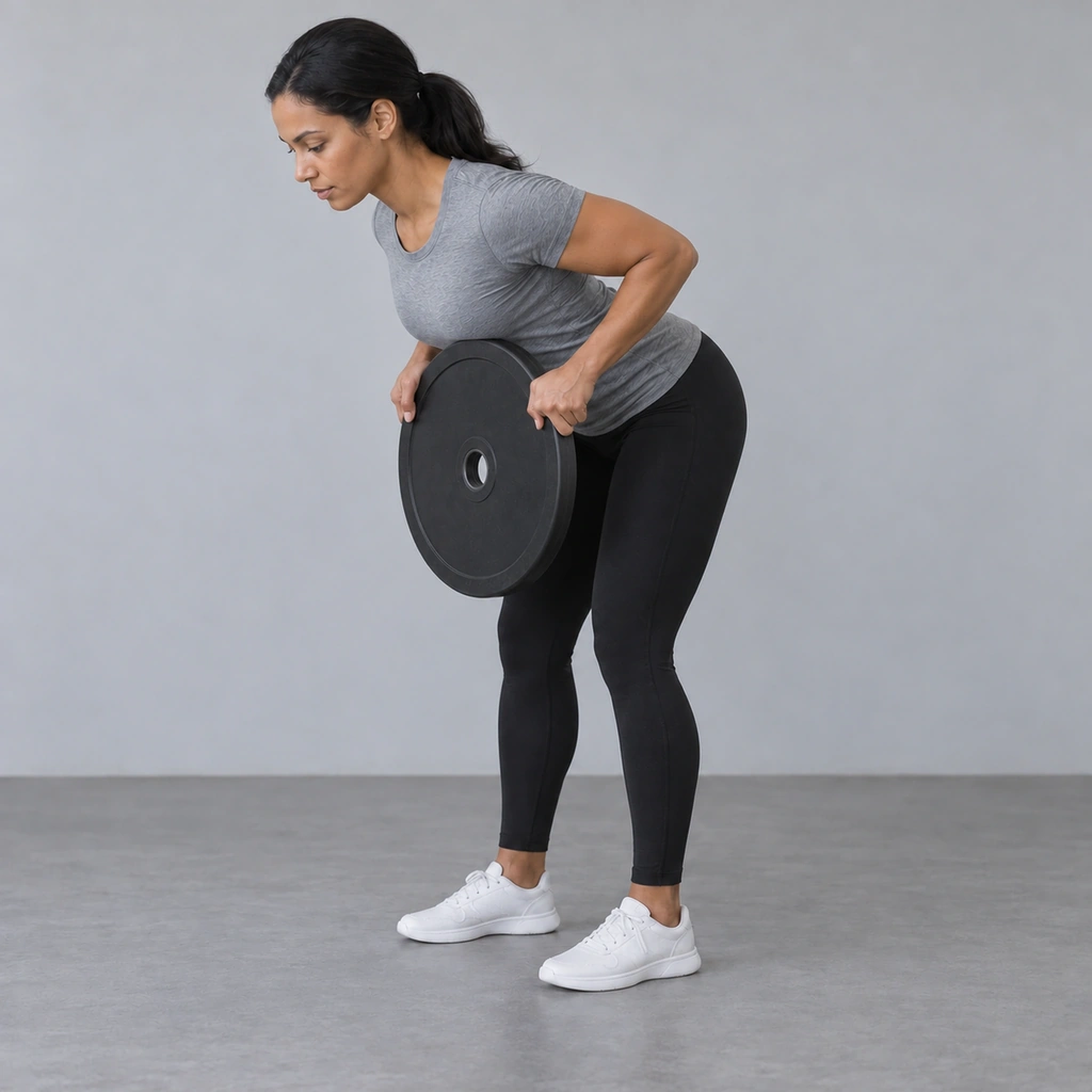 The same woman, still hinged forward, with the plate pulled up in front of her lower ribs and both elbows bent behind her torso.