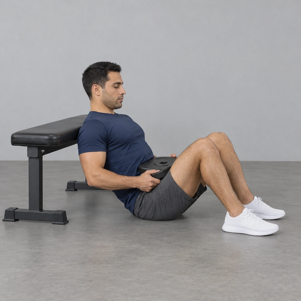 A man sitting on the floor with his upper back against the edge of a bench, knees bent and both feet flat, holding a weight plate flat on his hips with both hands.