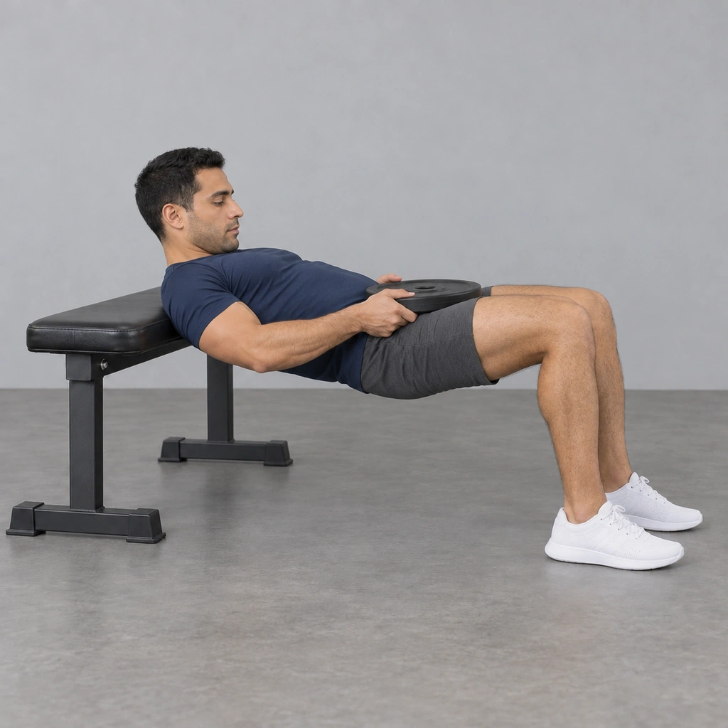 The same man with his hips lifted so that his shoulders, hips and knees form one straight line, his upper back on the bench edge, his feet flat and the plate held flat on his hips.