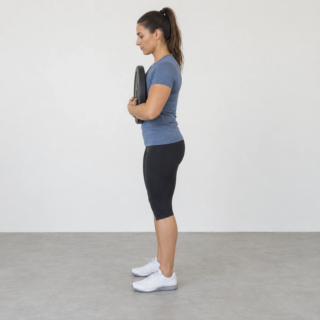 A woman standing tall with her feet hip-width apart, a round weight plate hugged flat against her chest in both arms.