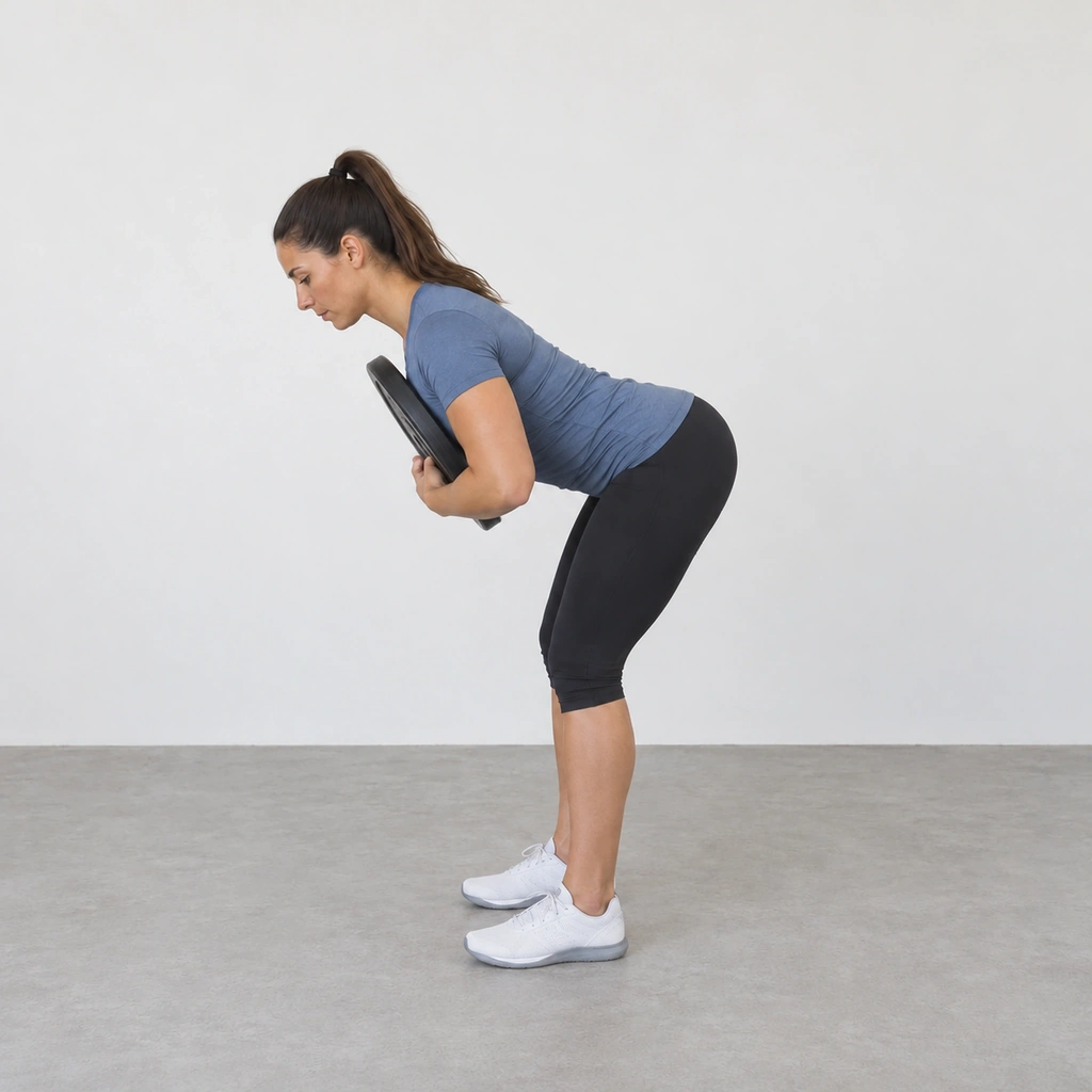 A woman hinged forward at the hips with her back long, a round weight plate still hugged against her chest in both arms.