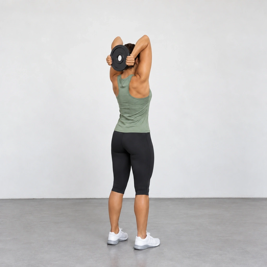 The same woman with her upper arms still vertical beside her ears, both elbows bent, holding the round plate upright behind her head.