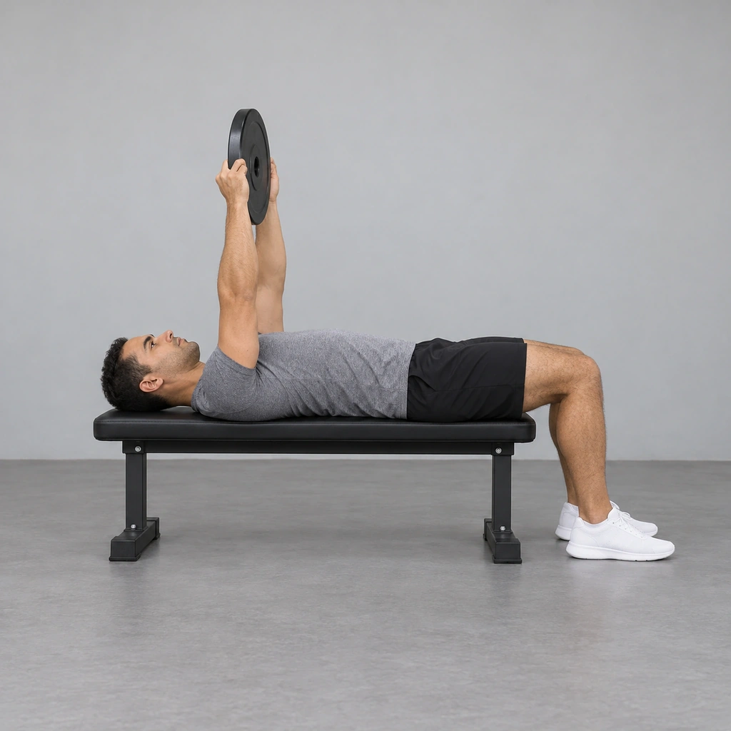 A man lying on his back lengthwise on a flat bench, holding a round weight plate in both hands above his chest with slightly bent elbows, knees bent and feet flat on the floor.