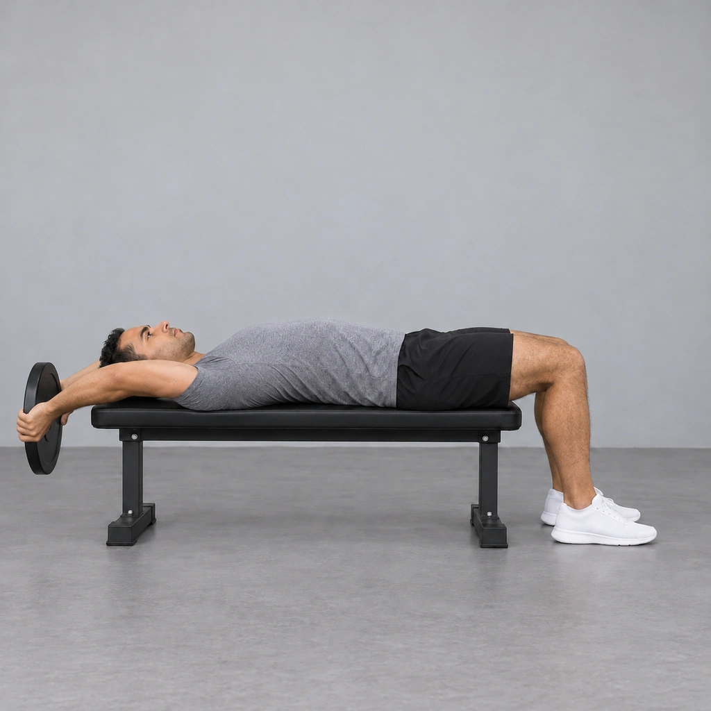 The same man with the plate lowered in an arc past his head, held in both hands on slightly bent arms behind and above the end of the bench, hips and back still on the bench and feet flat.