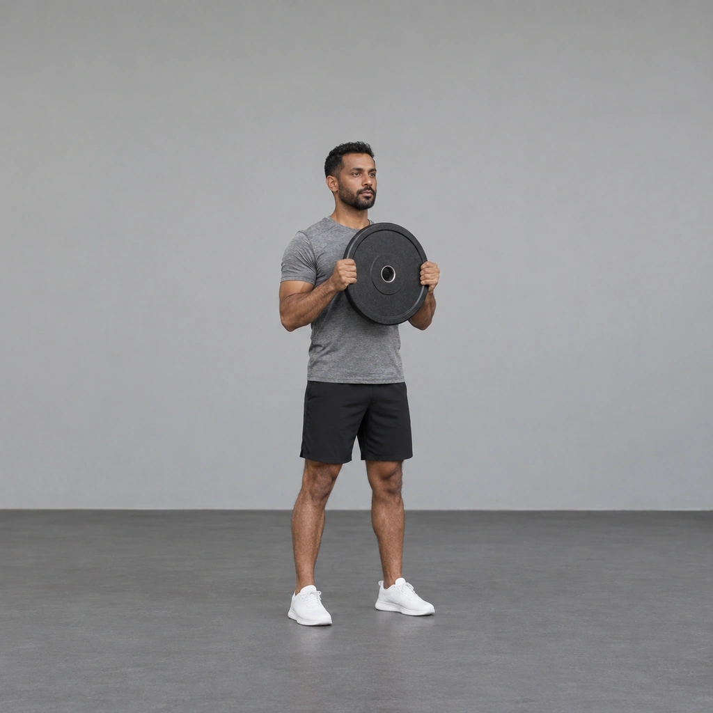 A man standing tall, holding one weight plate in both hands in front of his upper chest, elbows bent.