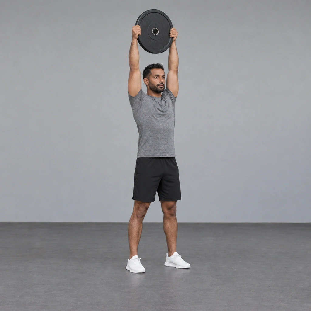 The same man with both arms fully extended straight overhead, holding the weight plate above his head.