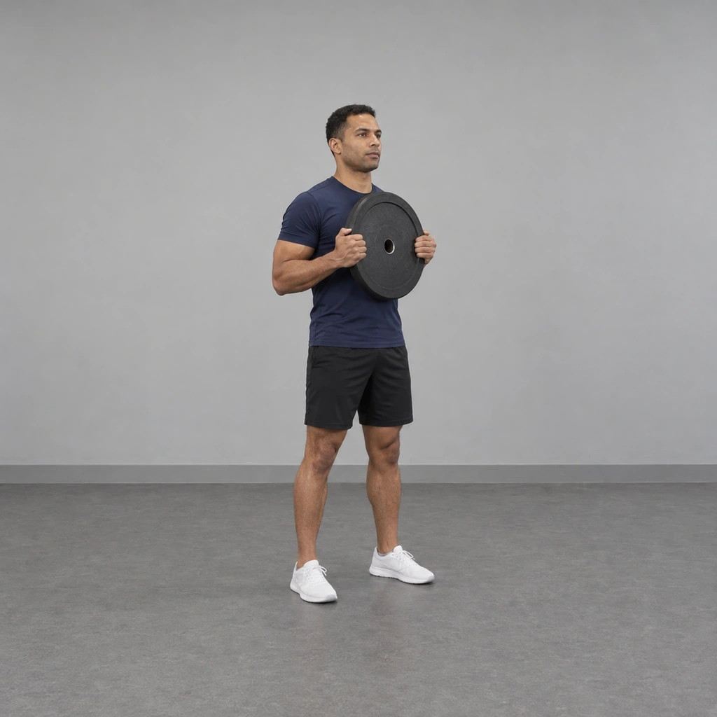 A man standing tall, feet shoulder-width apart, both hands holding a round weight plate flat against his chest.