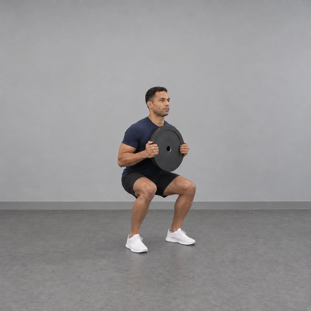 The same man in a deep squat, thighs level with the floor, still holding the plate flat against his chest.