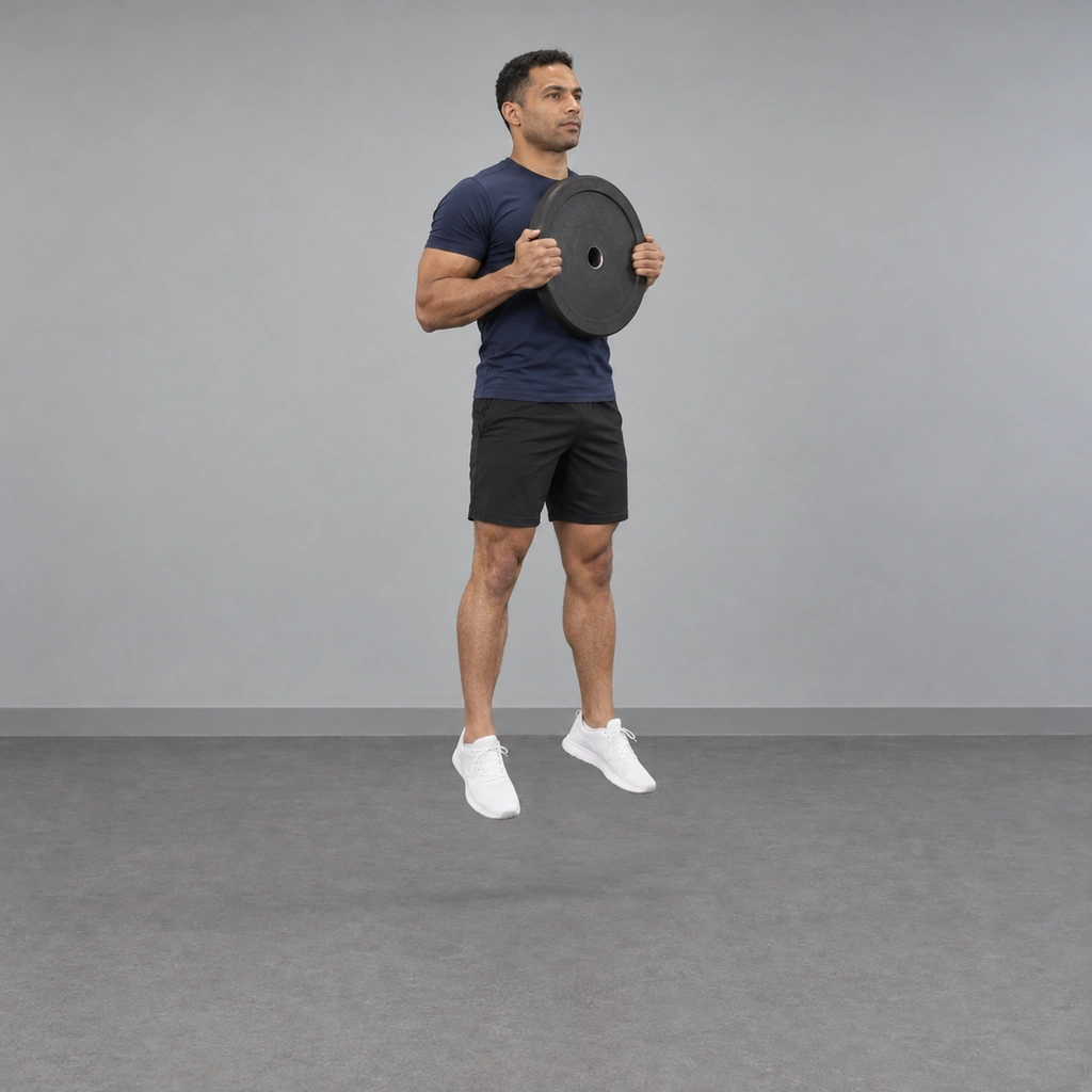 The same man in the air, both feet clear of the floor with his body extended, still holding the plate flat against his chest.