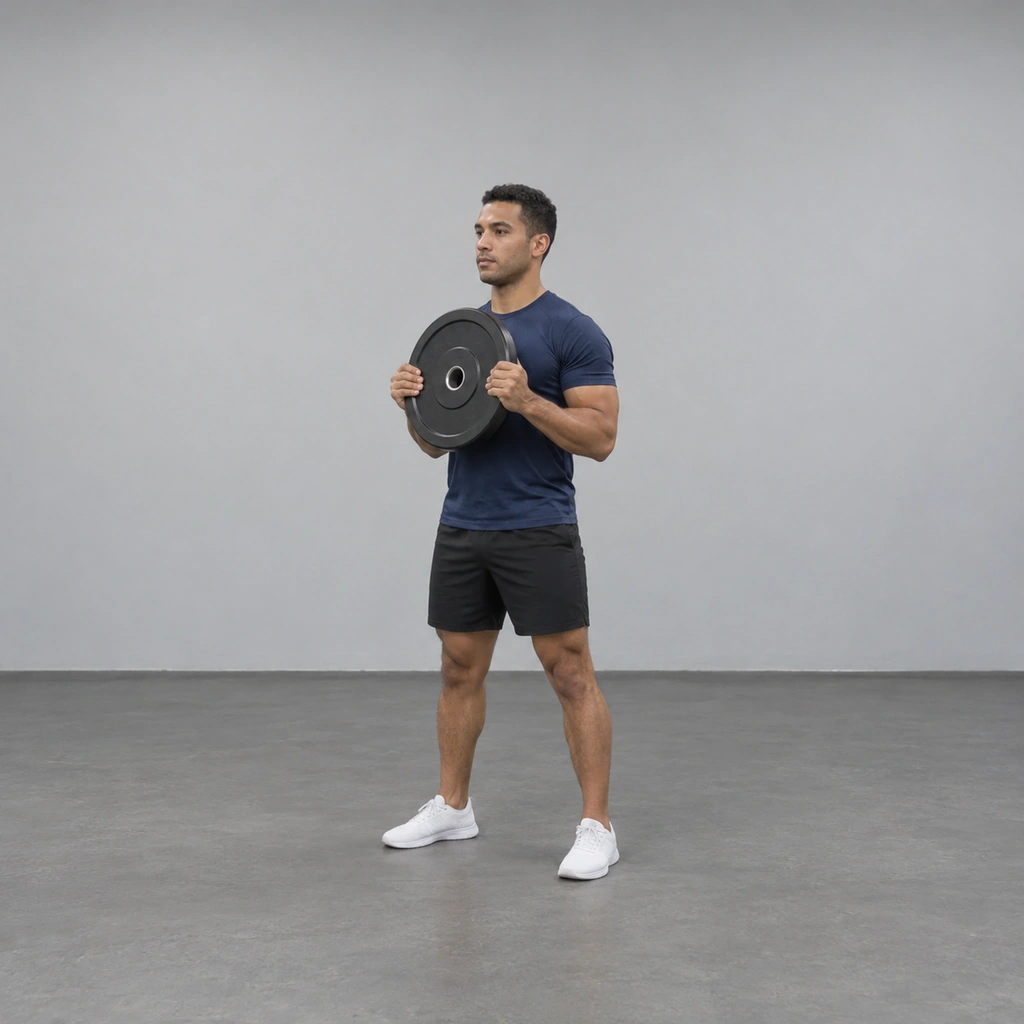 A man standing with his feet slightly wider than shoulder-width, holding a round weight plate in both hands at chest level.