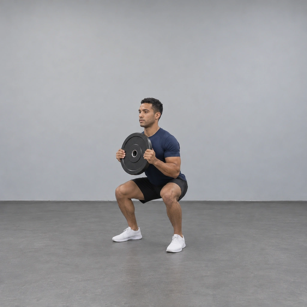 The same man in a deep squat, thighs about level with the floor, still holding the plate in both hands at chest level.