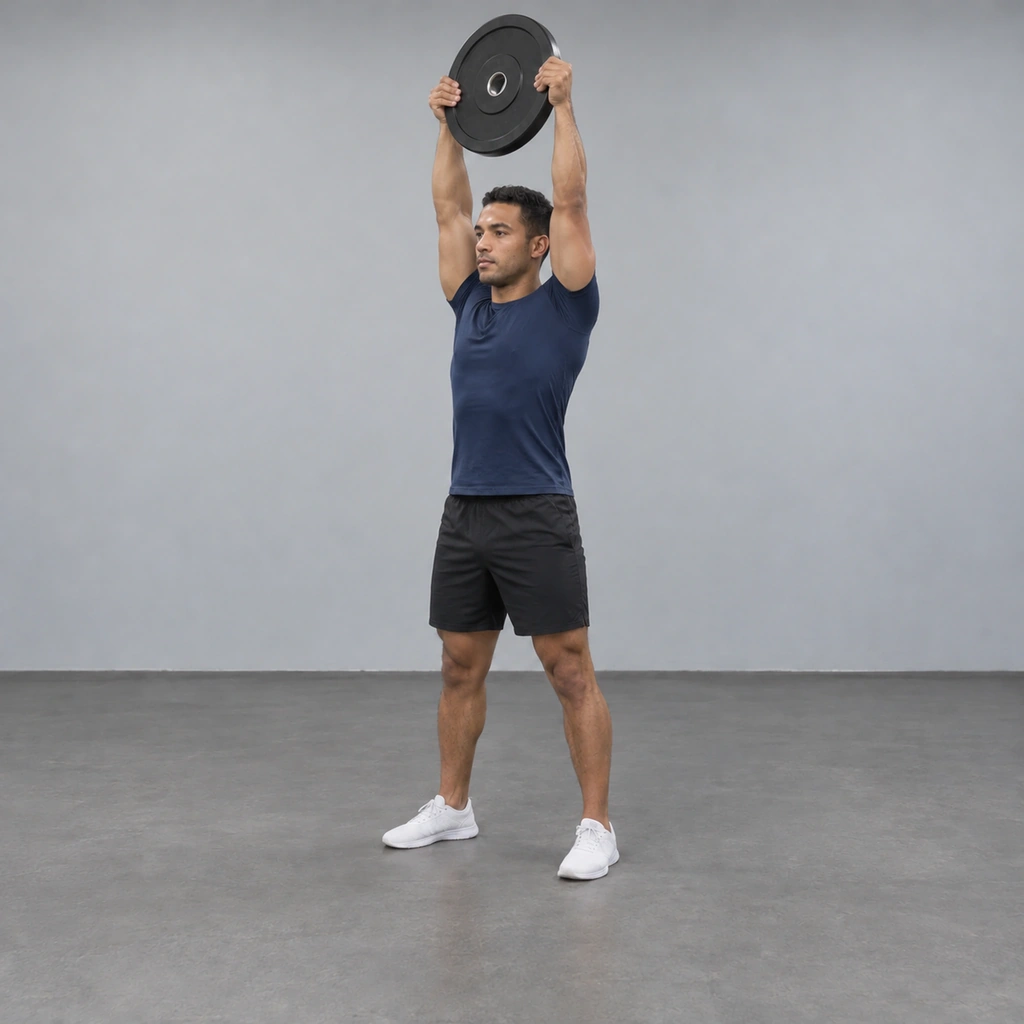 The same man standing tall with both arms fully extended overhead, holding the round plate above his head.
