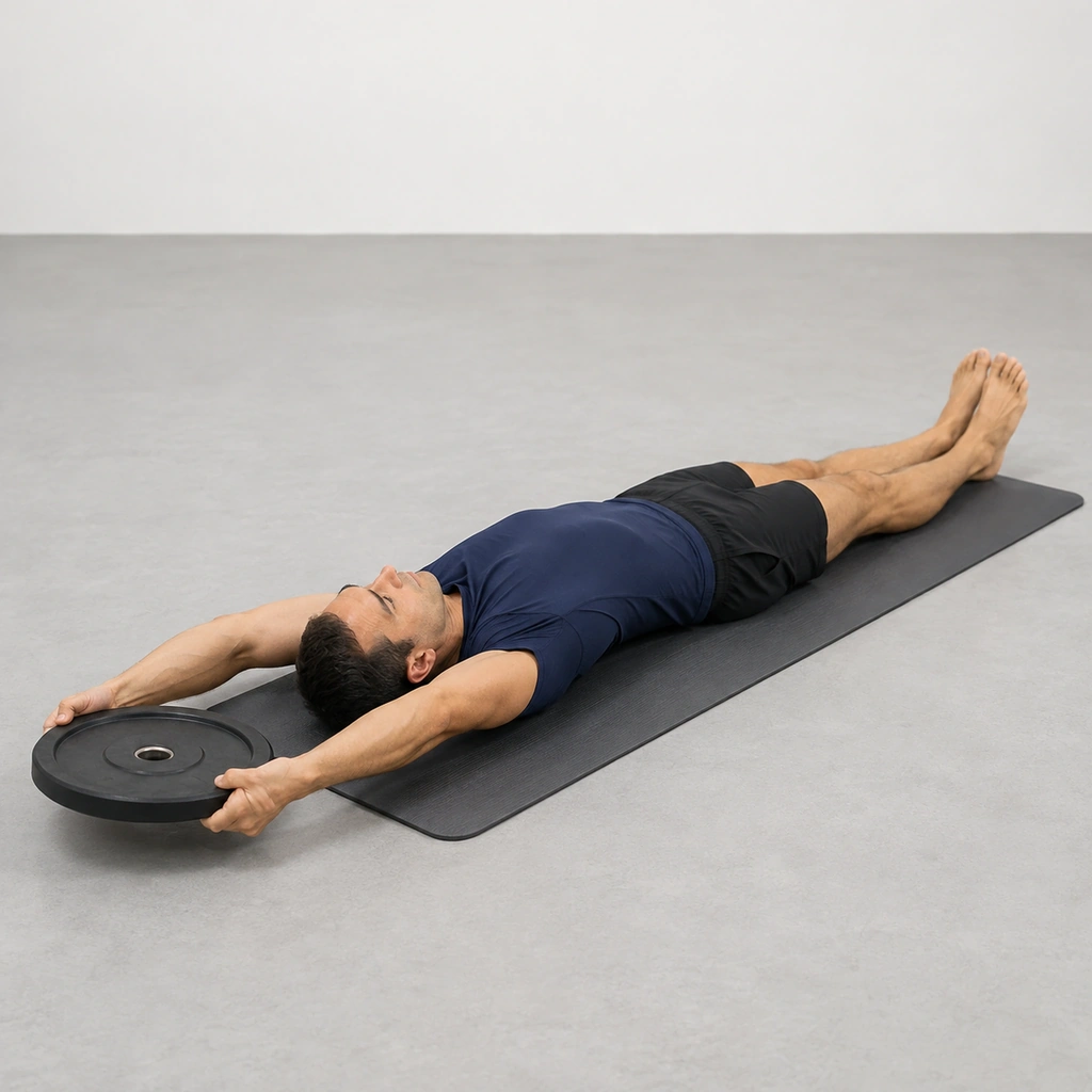 A man lying flat on his back, legs straight, arms extended behind his head with both hands on the rim of one weight plate.