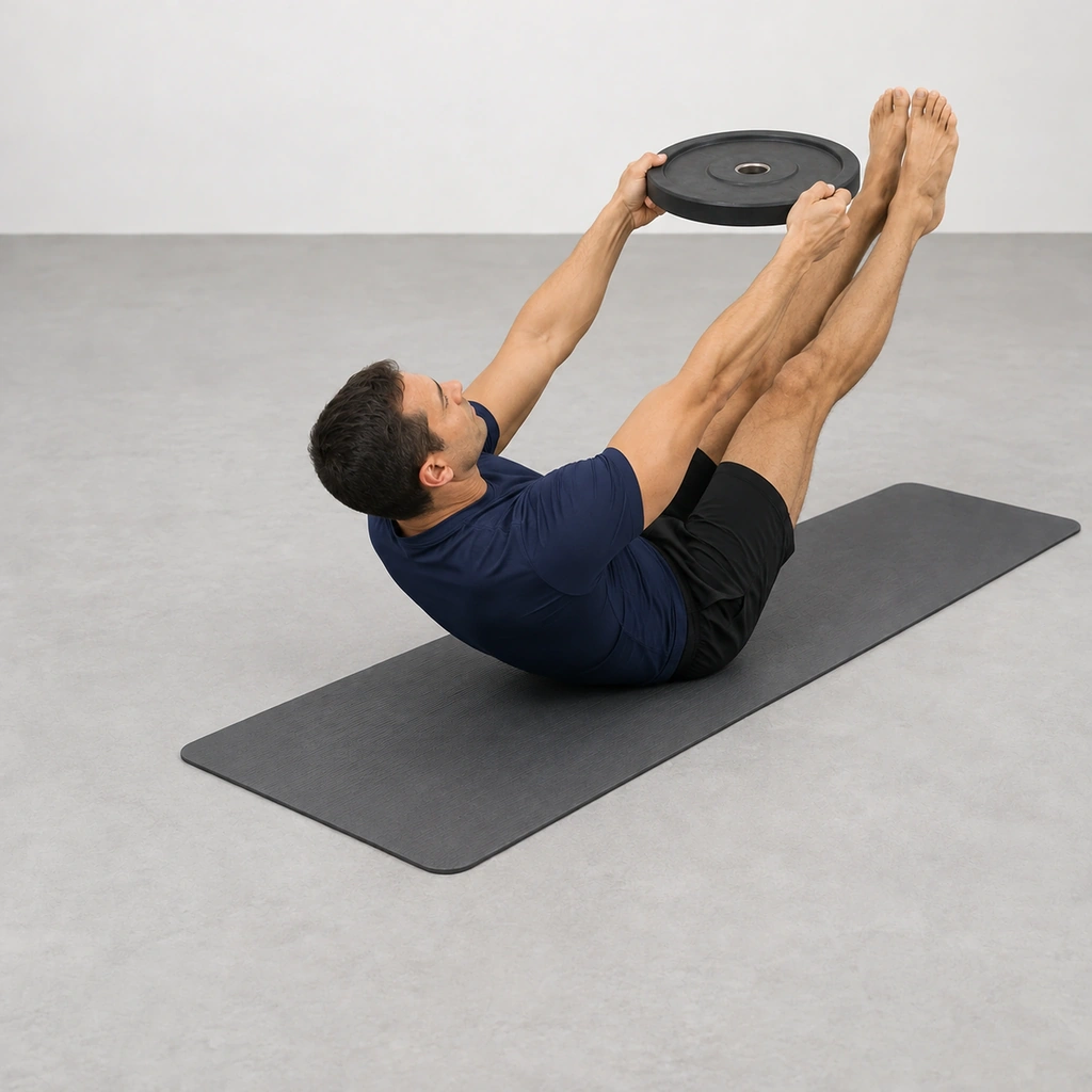 The same man balanced on his hips in a V, straight legs lifted, straight arms carrying the plate over his shins.