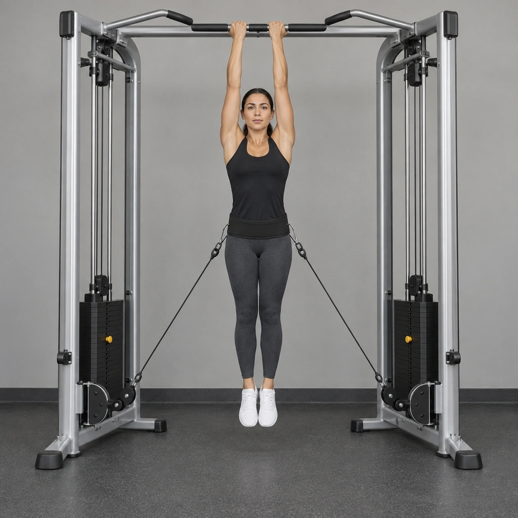 A woman hanging from a chin-up bar with a strap around her waist clipped to two pulley cables.
