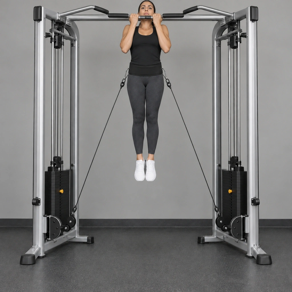 The same woman, now pulled up with her chin just above the bar, elbows bent, the waist strap and cables still taut.